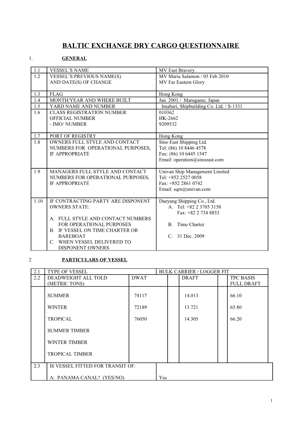 Baltic Exchange Dry Cargo Questionnaire s1