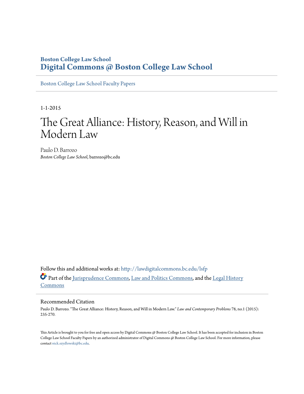 The Great Alliance: History, Reason, and Will in Modern Law Paulo D