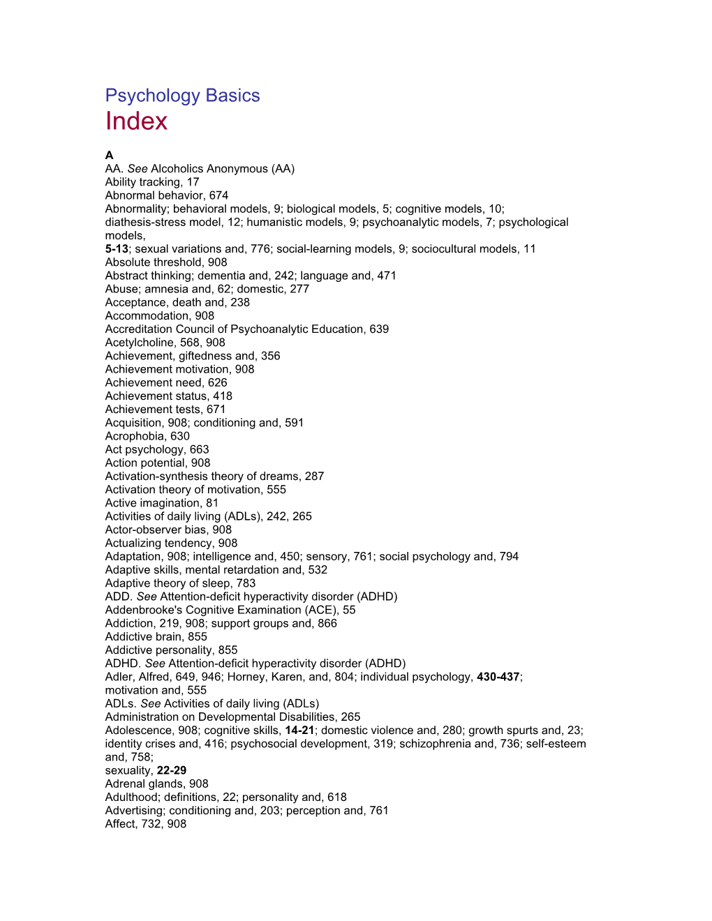 Psychology Basics Index