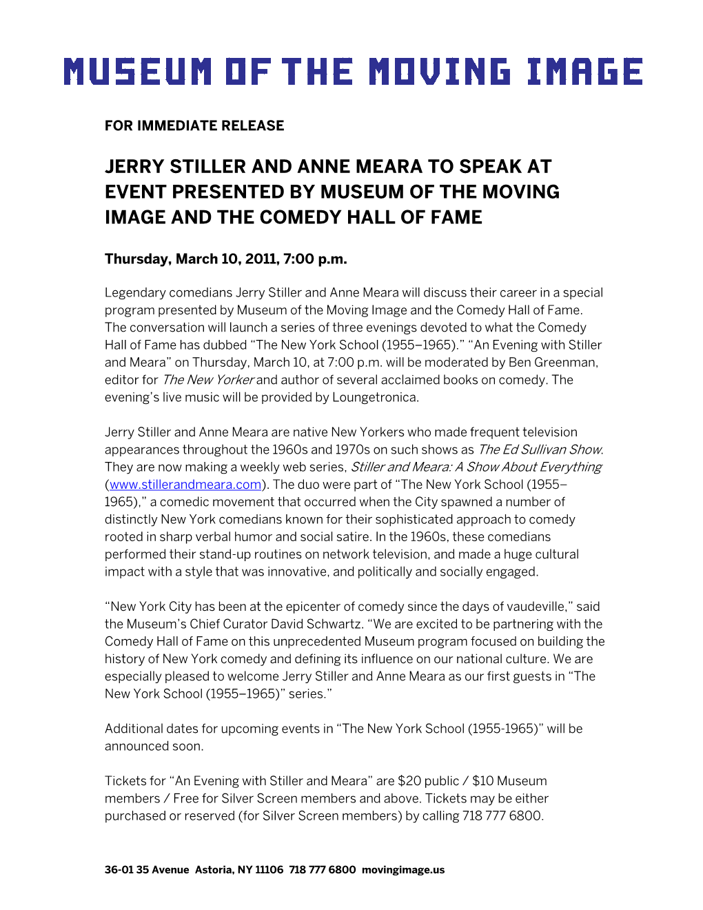 Jerry Stiller and Anne Meara to Speak at Event Presented by Museum of the Moving Image and the Comedy Hall of Fame