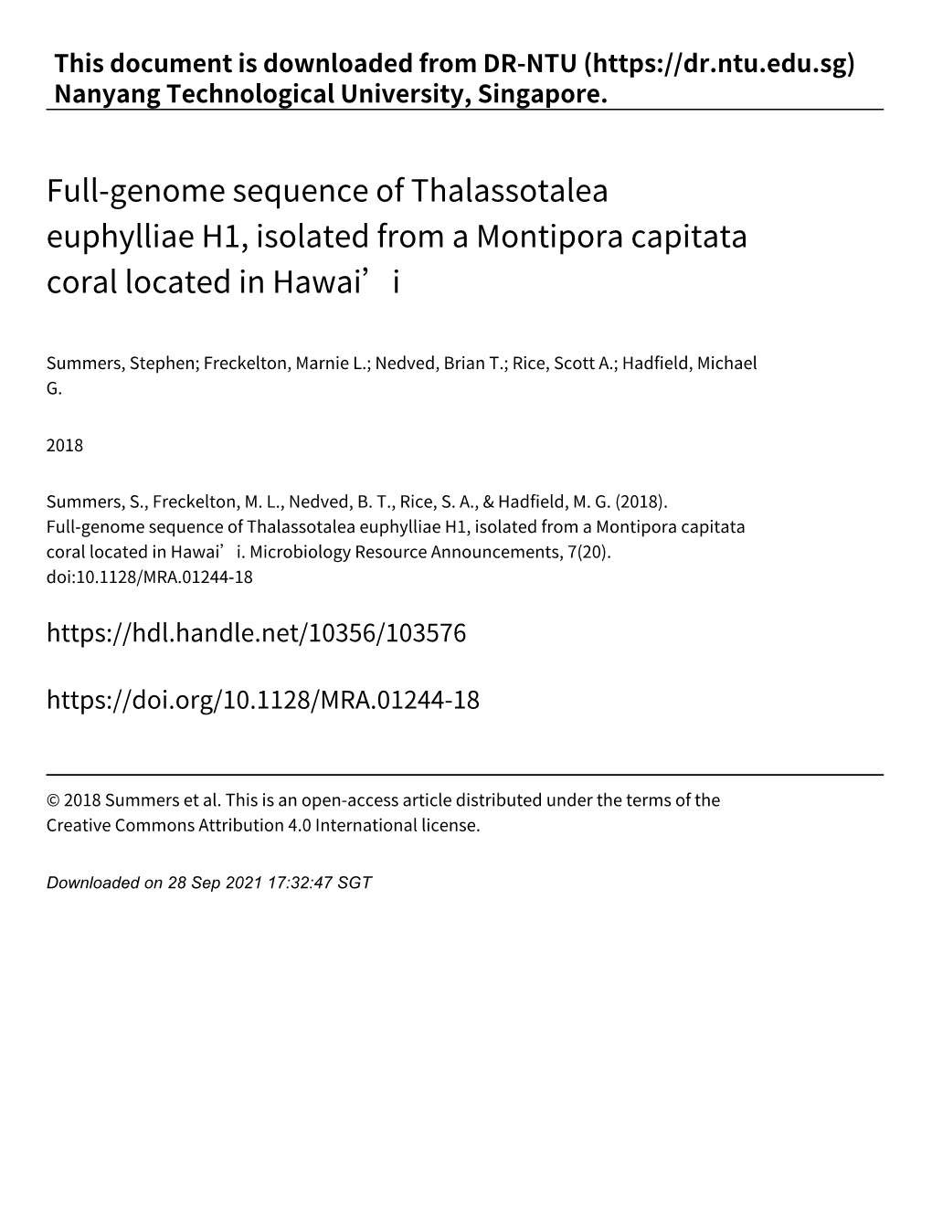 Full‑Genome Sequence of Thalassotalea Euphylliae H1, Isolated from a Montipora Capitata Coral Located in Hawai’I