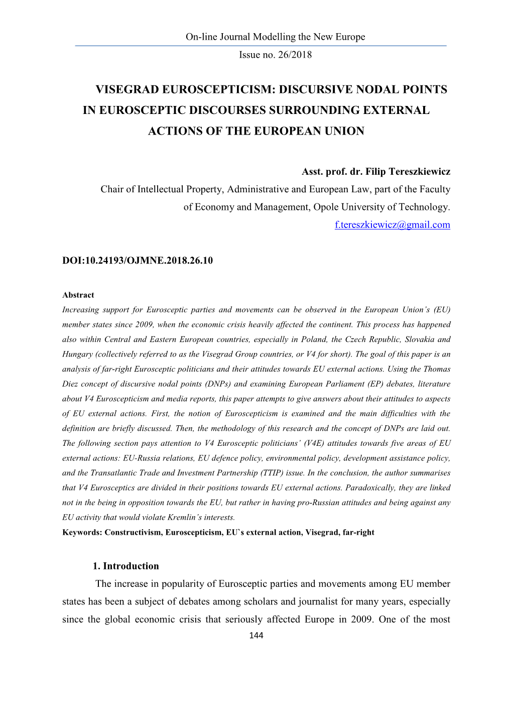 Discursive Nodal Points in Eurosceptic Discourses Surrounding External Actions of the European Union