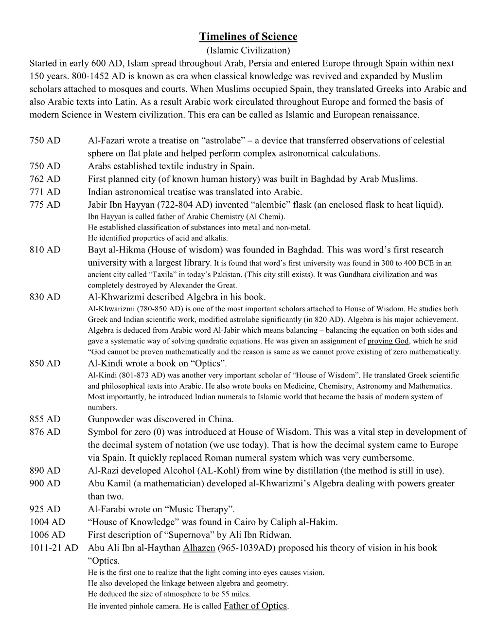 Timelines of Science (Islamic Civilization) Started in Early 600 AD, Islam Spread Throughout Arab, Persia and Entered Europe Through Spain Within Next 150 Years