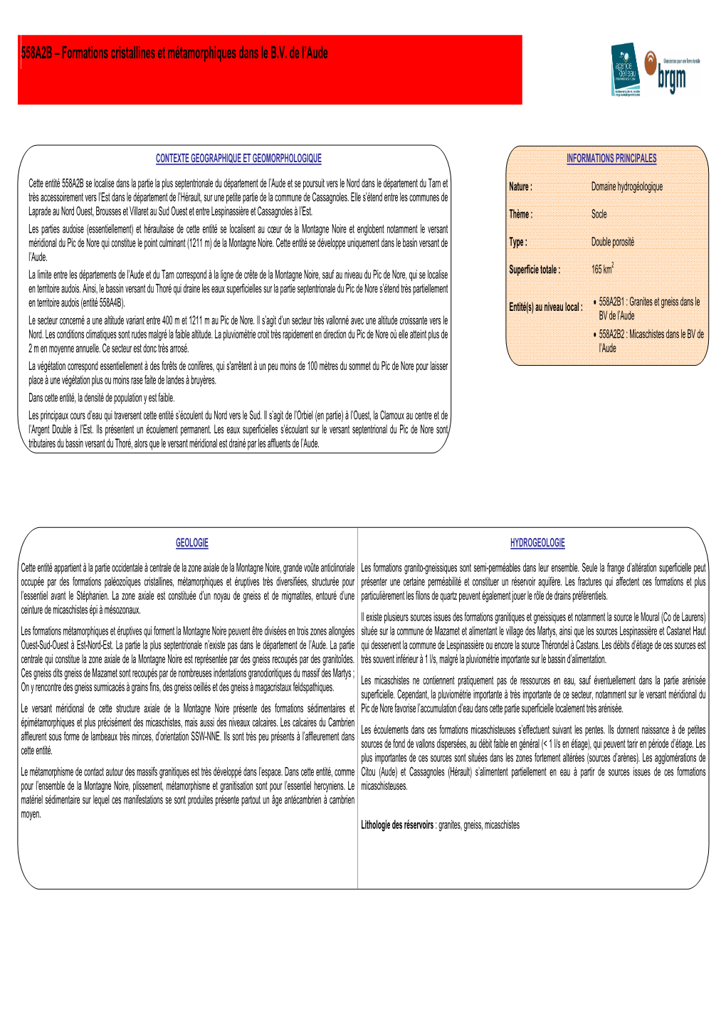 558A2B – Formations Cristallines Et Métamorphiques Dans Le B.V. De L’Aude