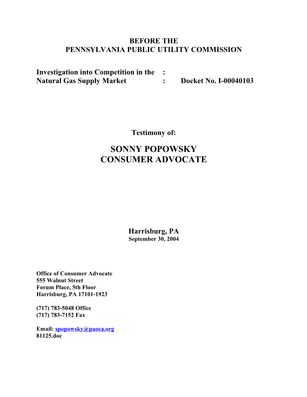 Popowsky PUC Testimony Re Natural Gas Competition (00081125;1)