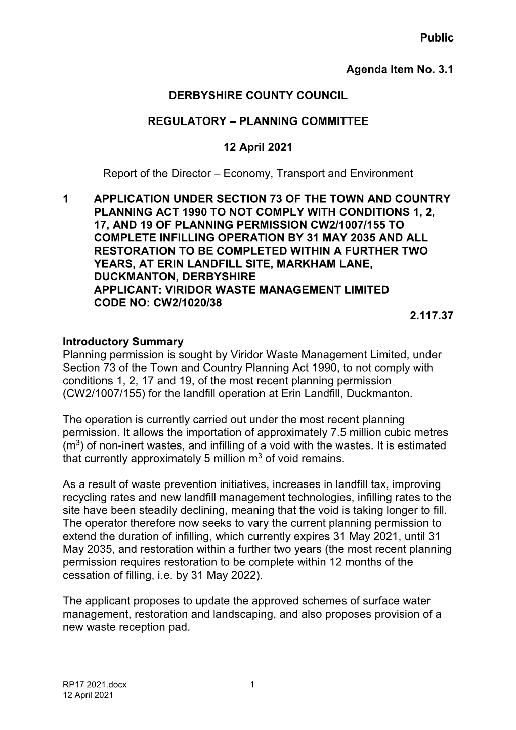 PLANNING COMMITTEE 12 April 2021 Report of the Director 1