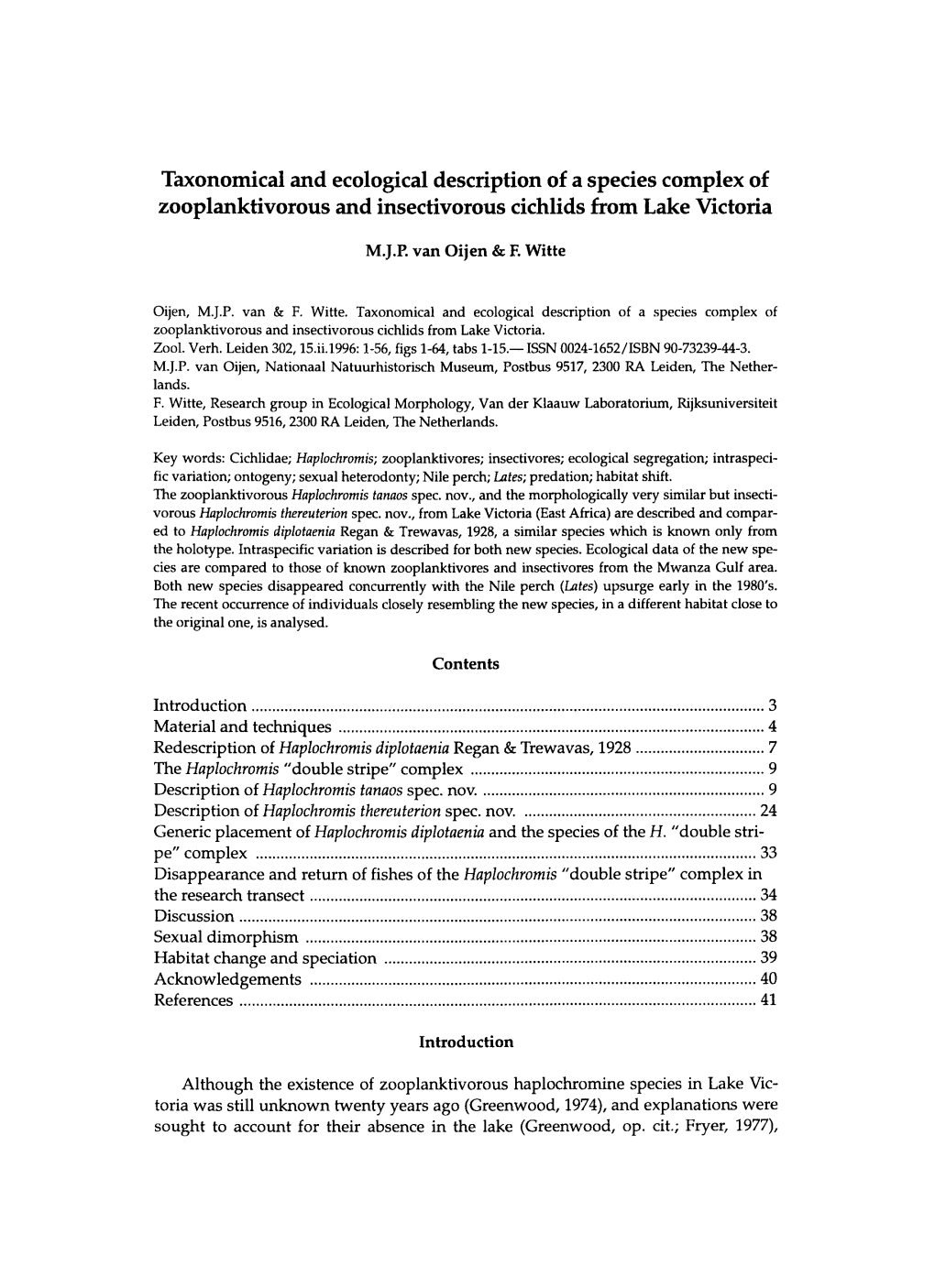 Taxonomical and Ecological Description of a Species Complex of Zooplanktivorous and Insectivorous Cichlids from Lake Victoria