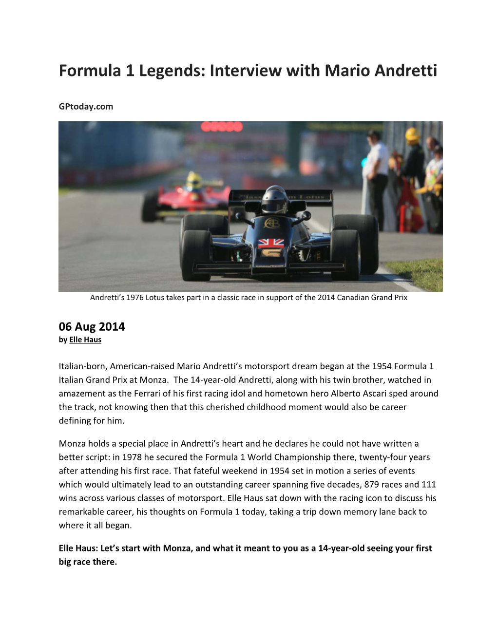 Formula 1 Legends: Interview with Mario Andretti