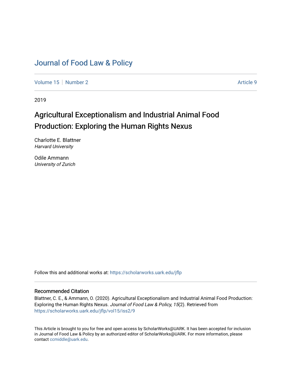 Agricultural Exceptionalism and Industrial Animal Food Production: Exploring the Human Rights Nexus