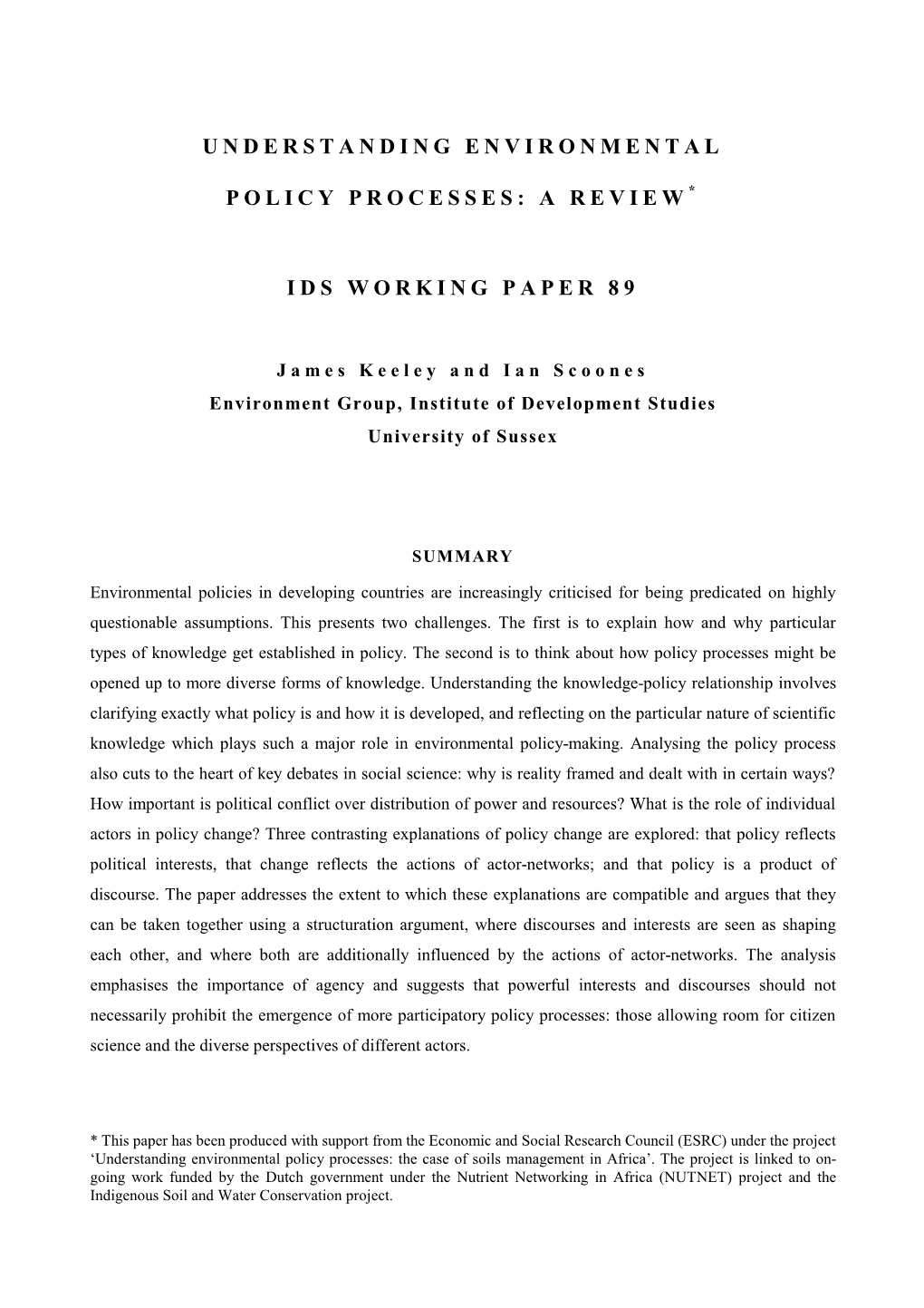 Understanding Environmental Policy Processes: the Case of Soils Management in Africa’