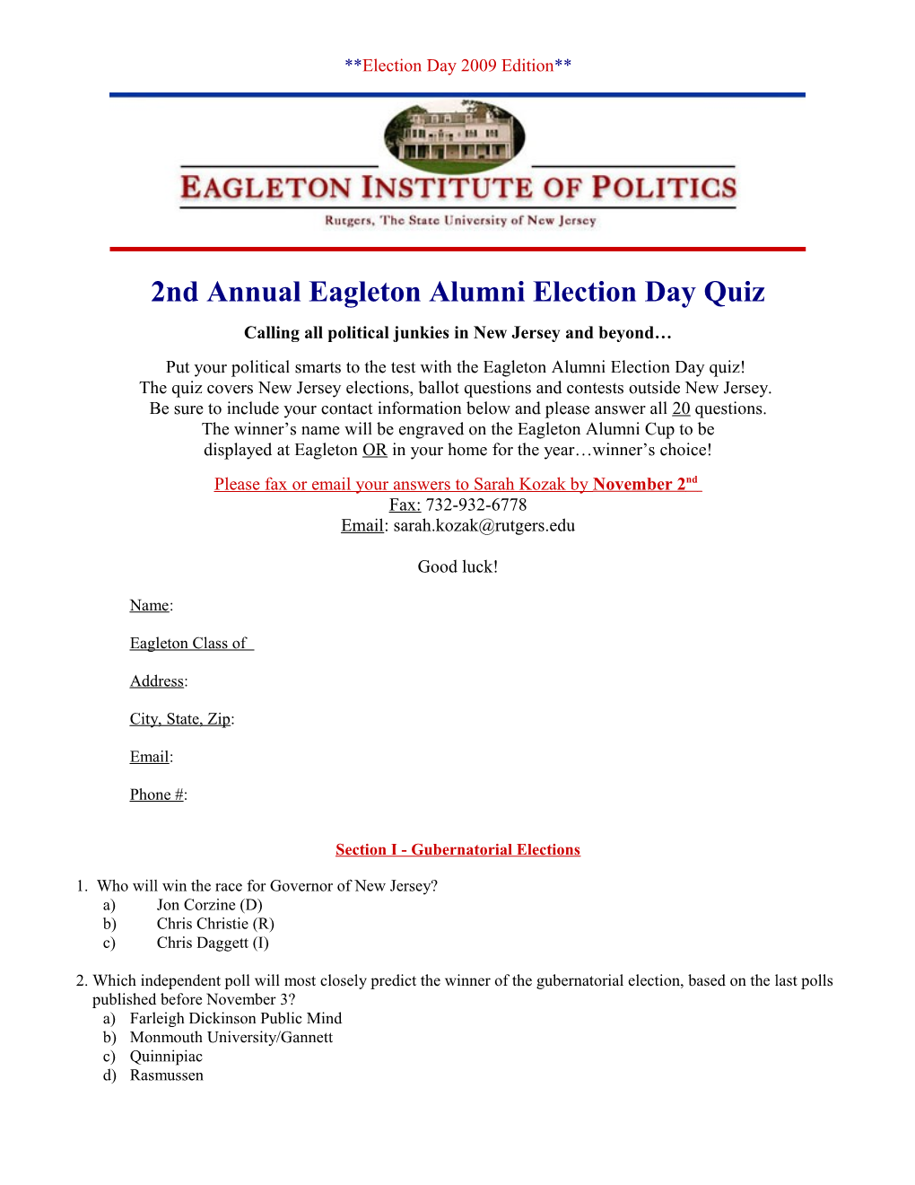 2Nd Annual Eagleton Alumni Election Day Quiz