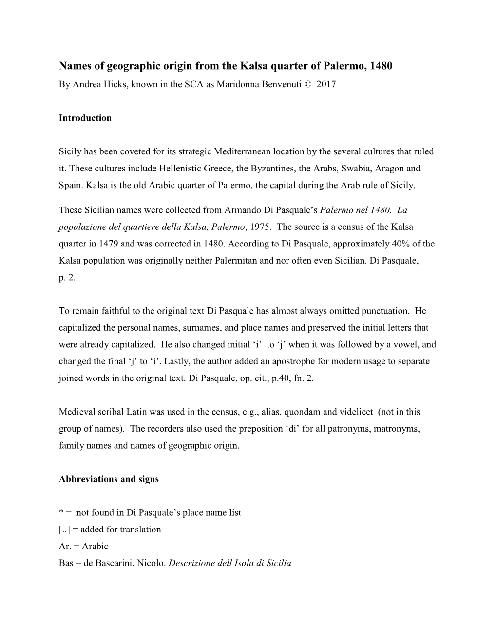 Names of Geographic Origin from the Kalsa Quarter of Palermo, 1480 by Andrea Hicks, Known in the SCA As Maridonna Benvenuti © 2017