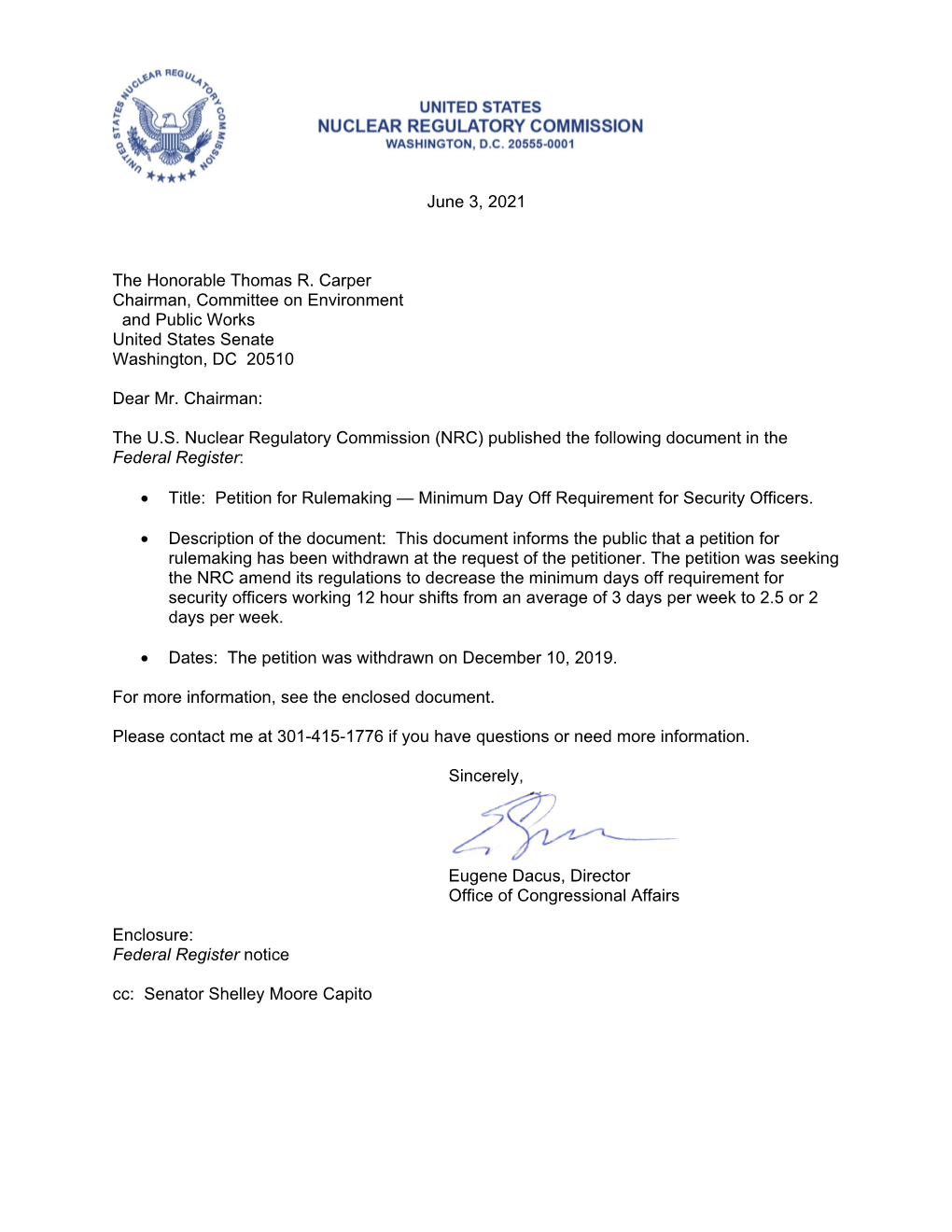 Congressional Letters, Notice of Withdrawal RE: Minimum Day Off