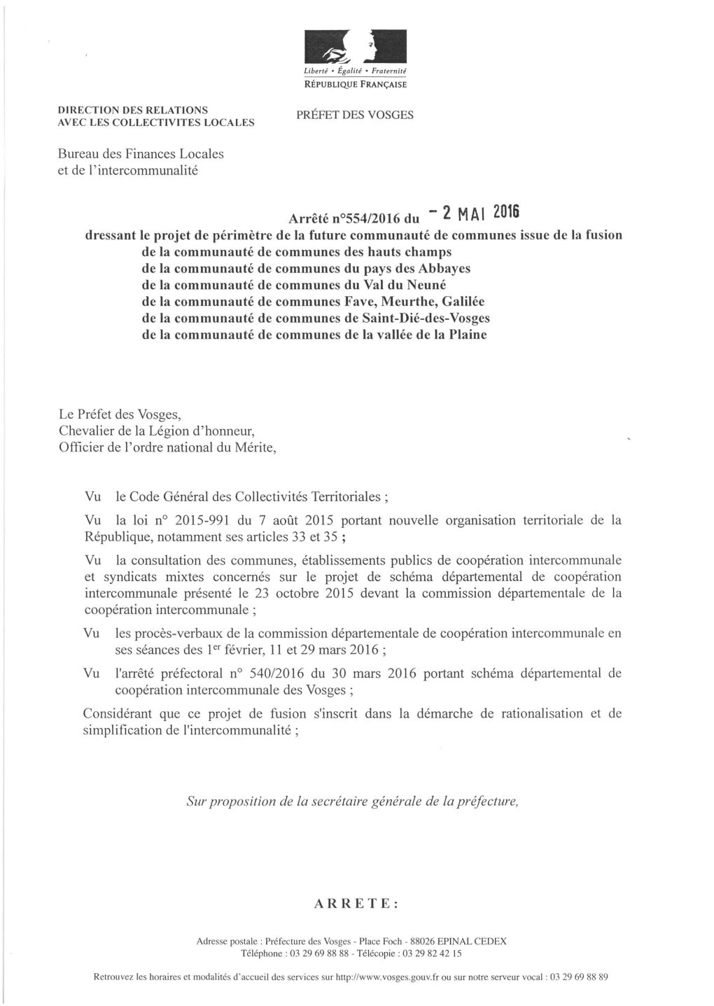 Sur Proposition De La Secrétaire Générale De La Préfecture, ARRETE