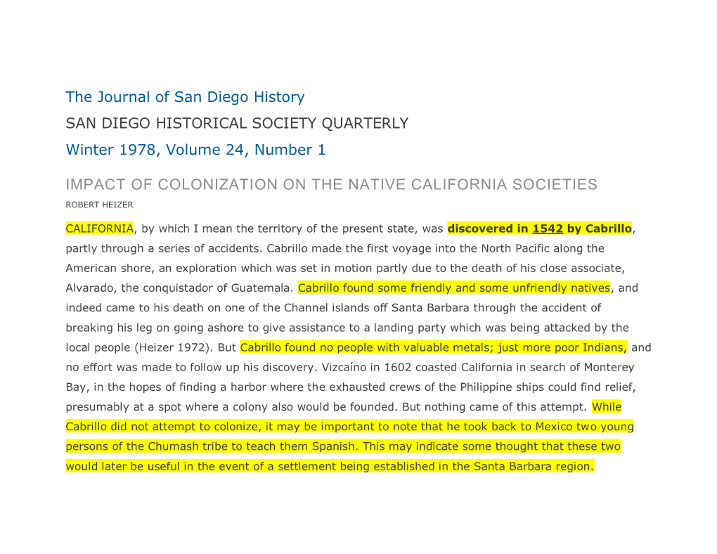 The Journal of San Diego History SAN DIEGO HISTORICAL SOCIETY QUARTERLY Winter 1978, Volume 24, Number 1