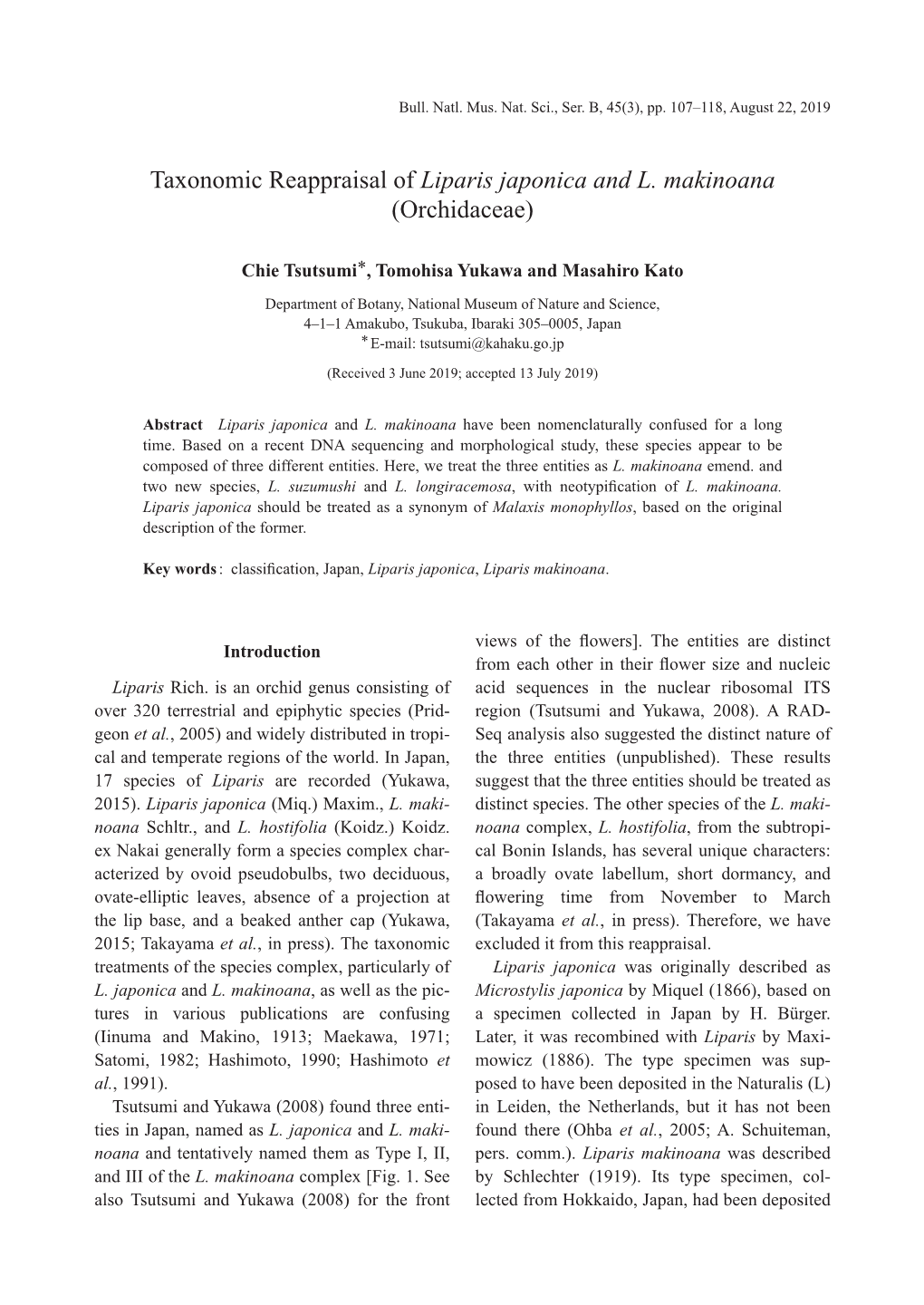 Taxonomic Reappraisal of Liparis Japonica and L. Makinoana (Orchidaceae)