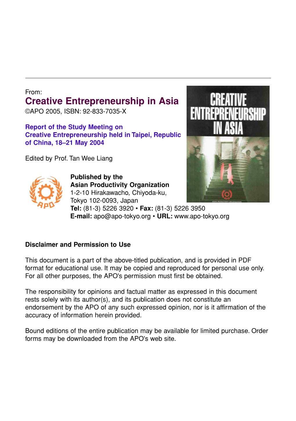 Creative Entrepreneurship in Asia ©APO 2005, ISBN: 92-833-7035-X