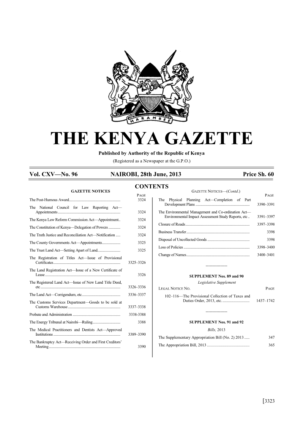 THE KENYA GAZETTE Published by Authority of the Republic of Kenya (Registered As a Newspaper at the G.P.O.)