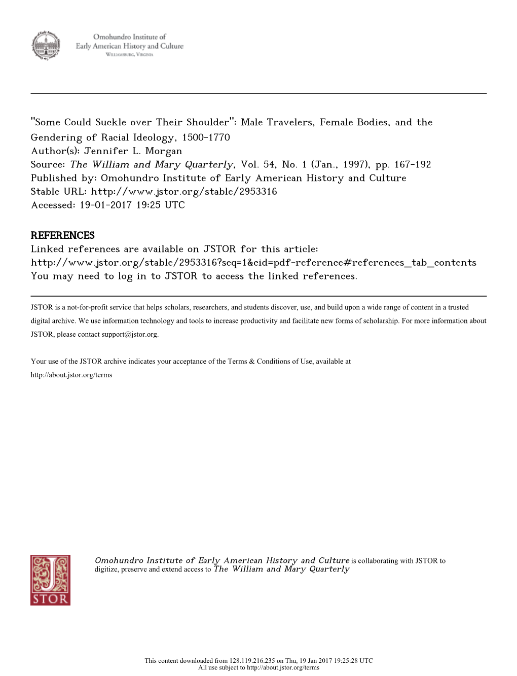 "Some Could Suckle Over Their Shoulder": Male Travelers, Female Bodies, and the Gendering of Racial Ideology, 1500-1770 Author(S): Jennifer L