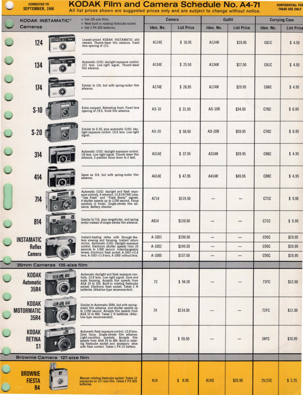 KODAK Film and Camera Schedule No. A4-71 CONFIDENTIAL: for SEPTEMBER, 1968 All List Prices Shown Are Suggested Prices Only and Are Subject to Change Without Notice