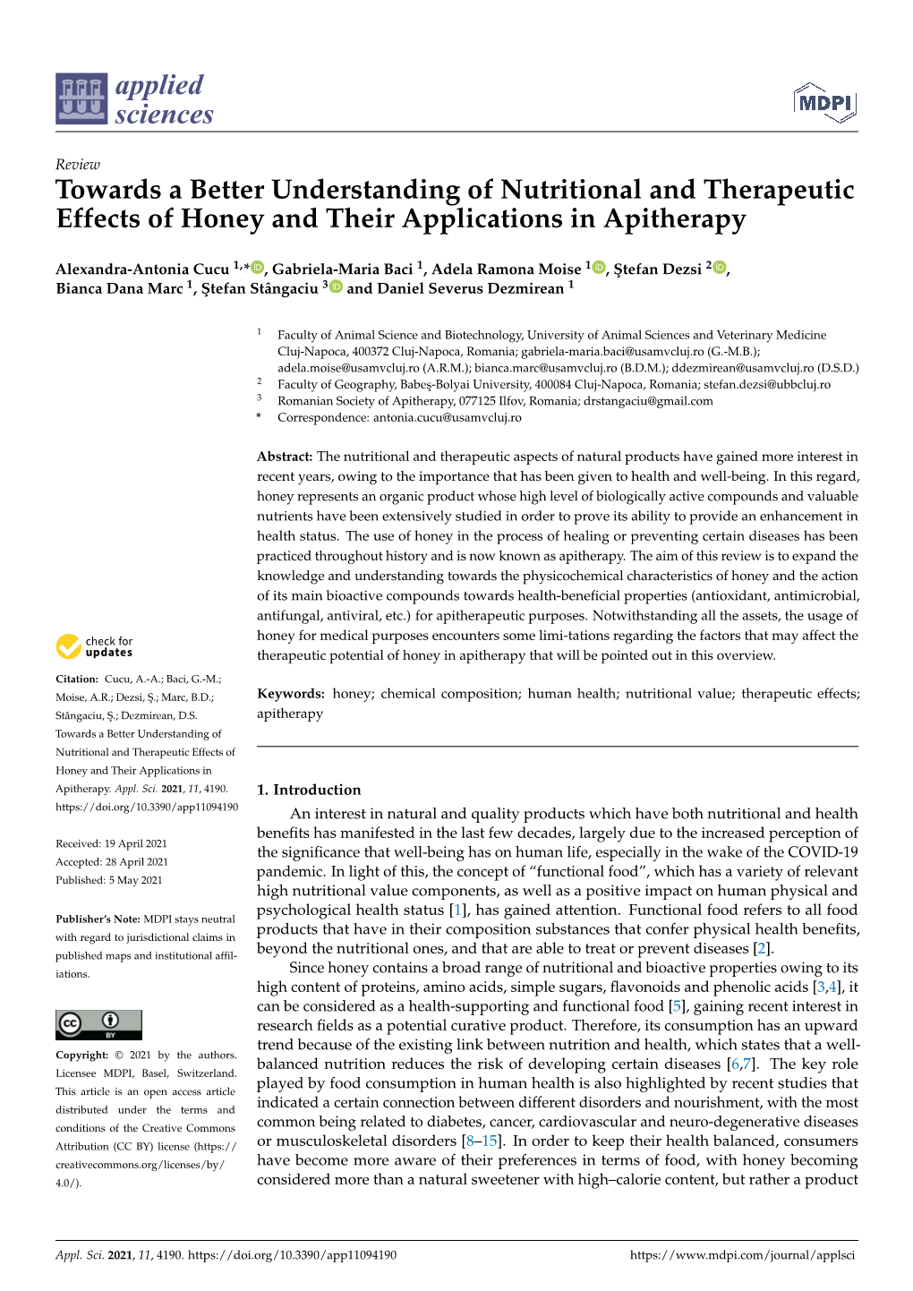 Towards a Better Understanding of Nutritional and Therapeutic Effects of Honey and Their Applications in Apitherapy