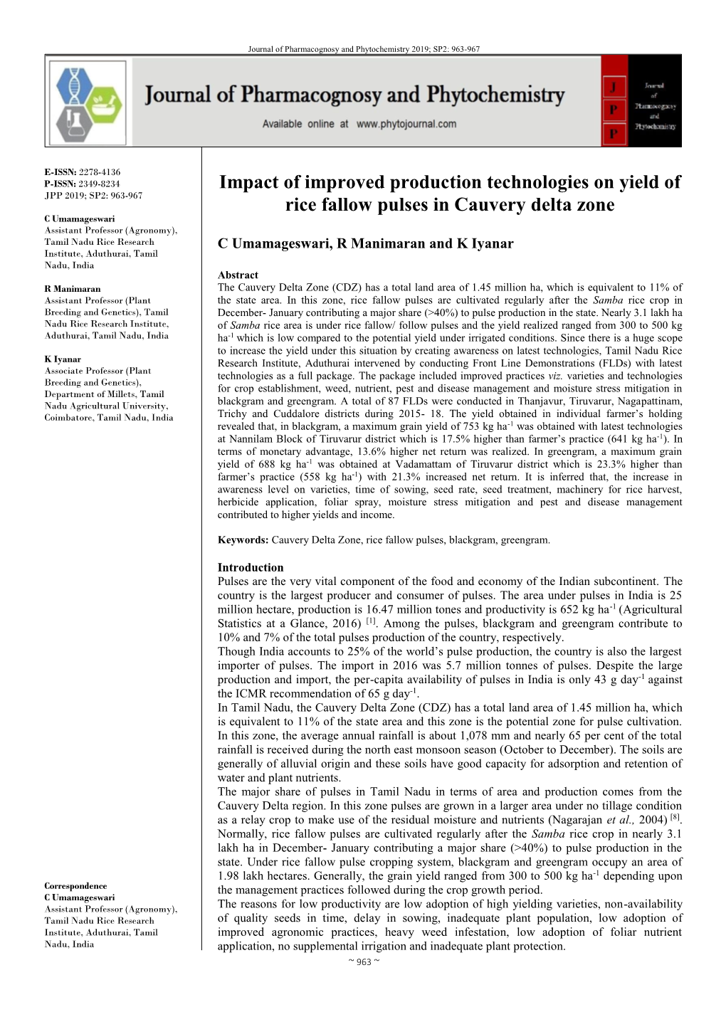 Impact of Improved Production Technologies on Yield of Rice Fallow