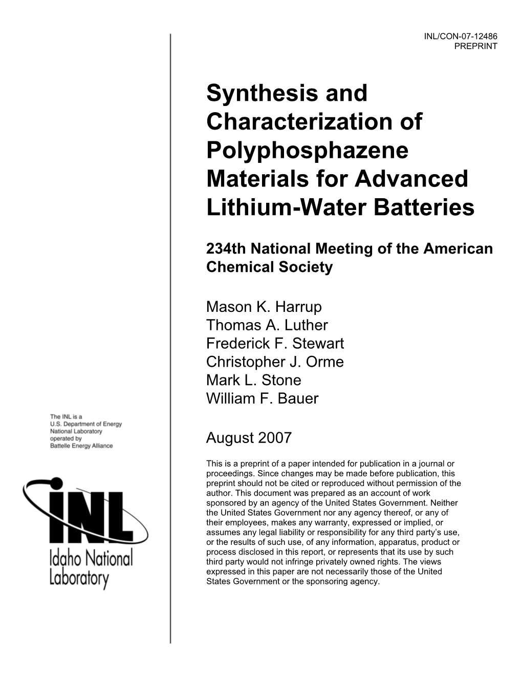 Synthesis and Characterization of Polyphosphazene Materials for Advanced Lithium-Water Batteries