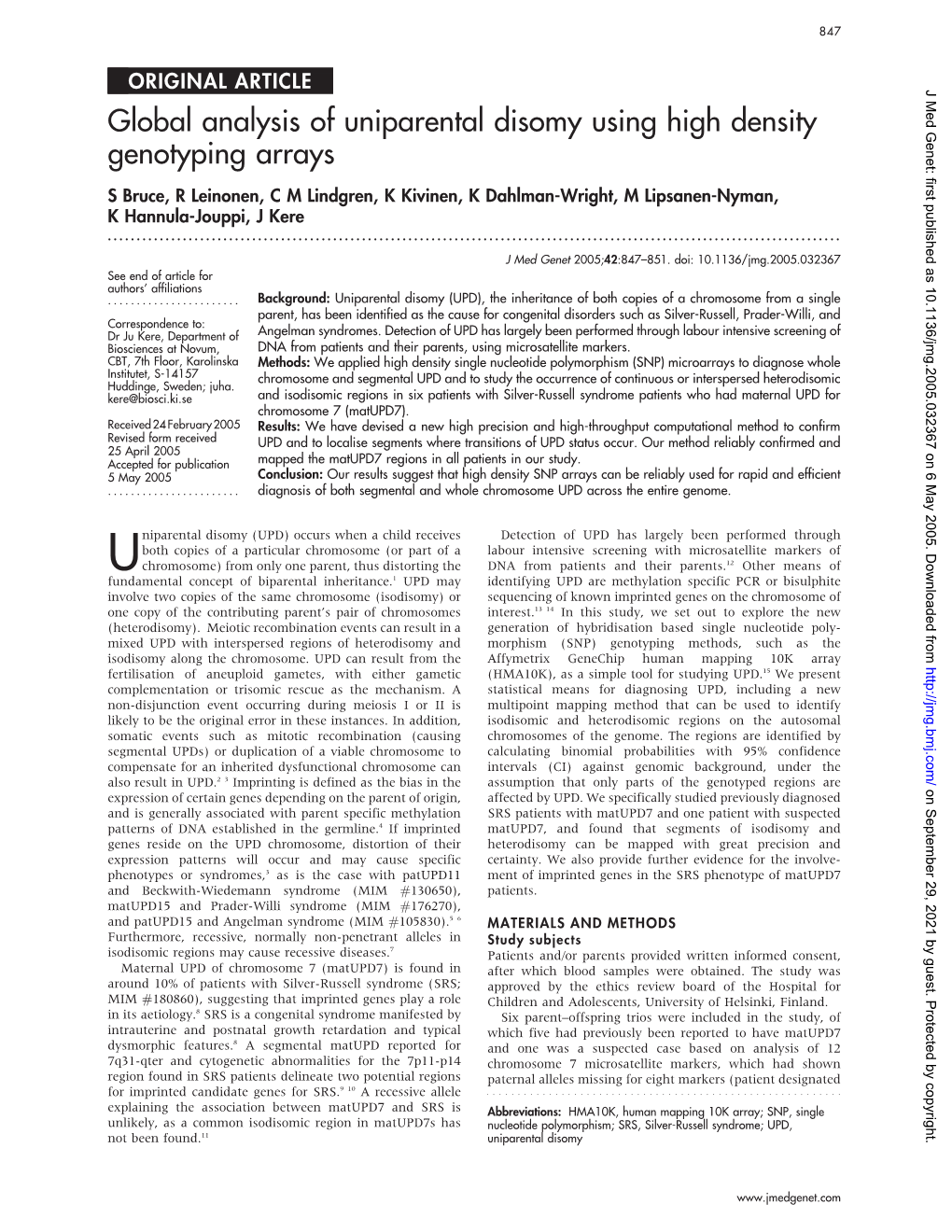 Global Analysis of Uniparental Disomy Using