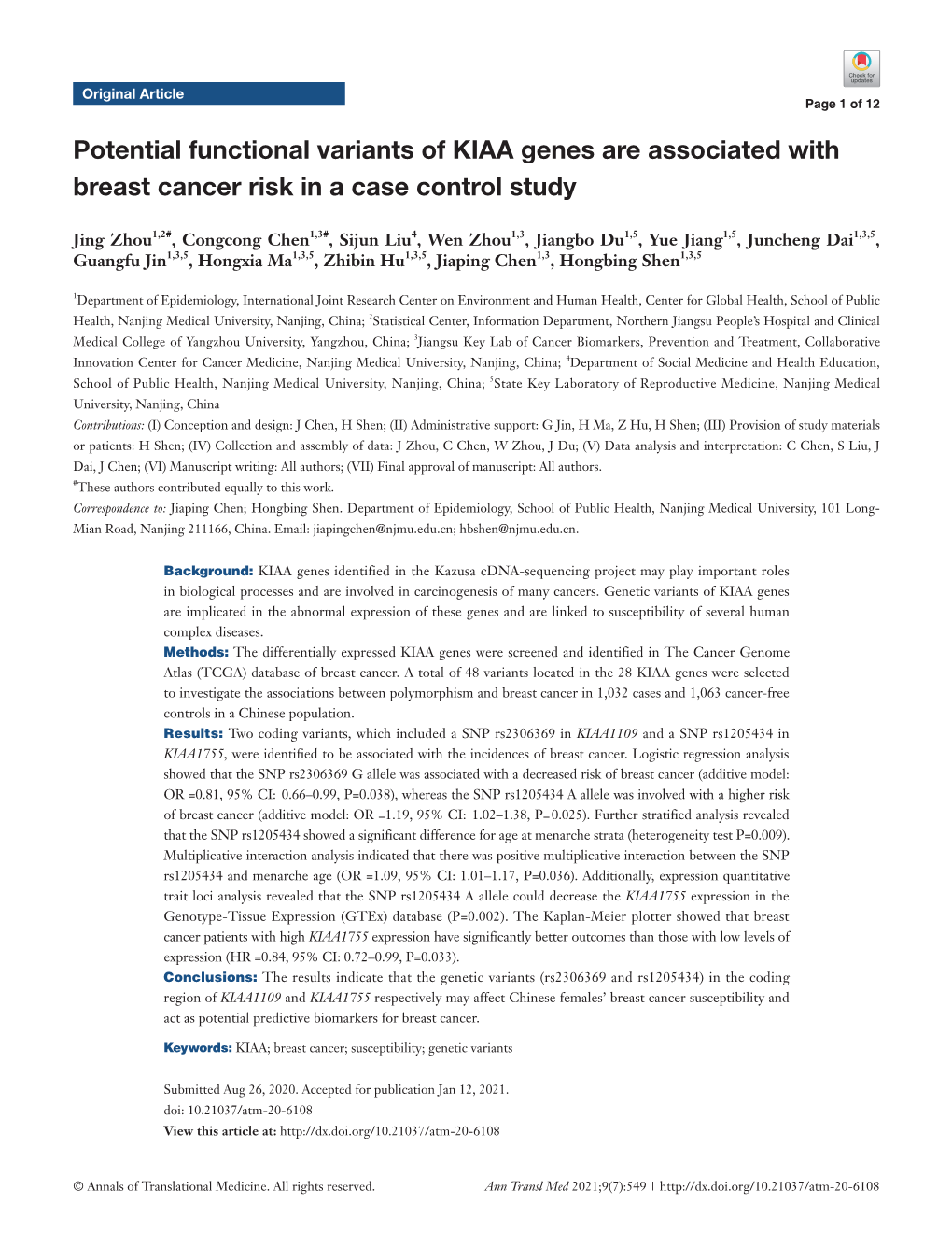 Potential Functional Variants of KIAA Genes Are Associated with Breast Cancer Risk in a Case Control Study