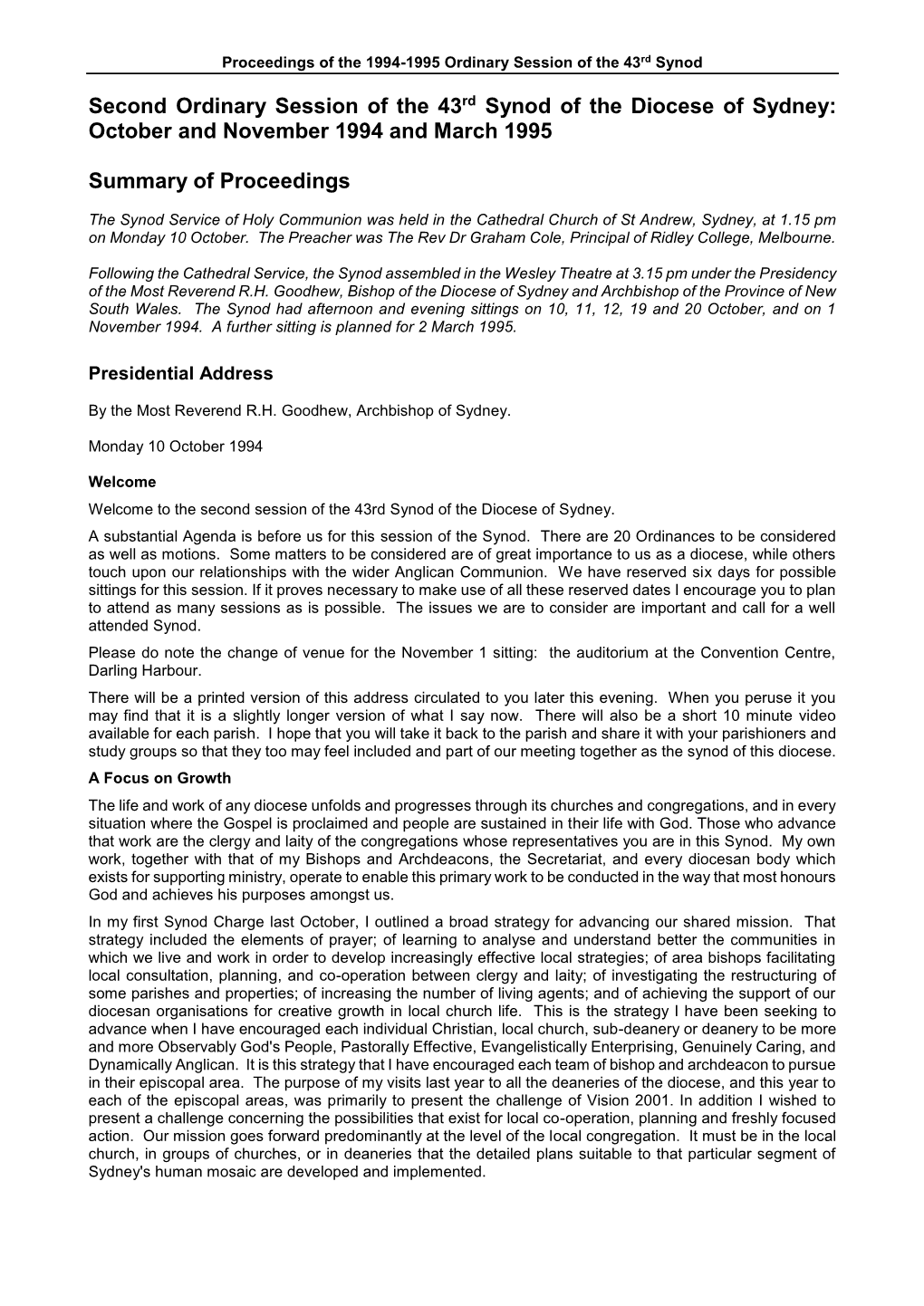 Proceedings Summary 1994-1995 (2Nd Ordinary Session of the 43Rd Synod)