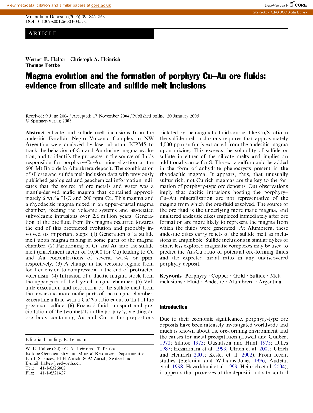 Magma Evolution and the Formation of Porphyry Cu–Au Ore Fluids: Evidence from Silicate and Sulfide Melt Inclusions