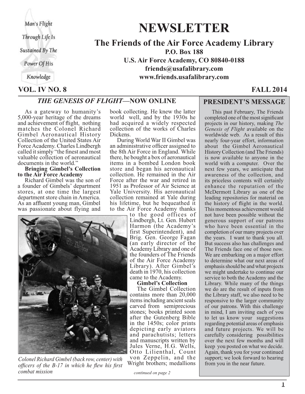 NEWSLETTER the Friends of the Air Force Academy Library P.O