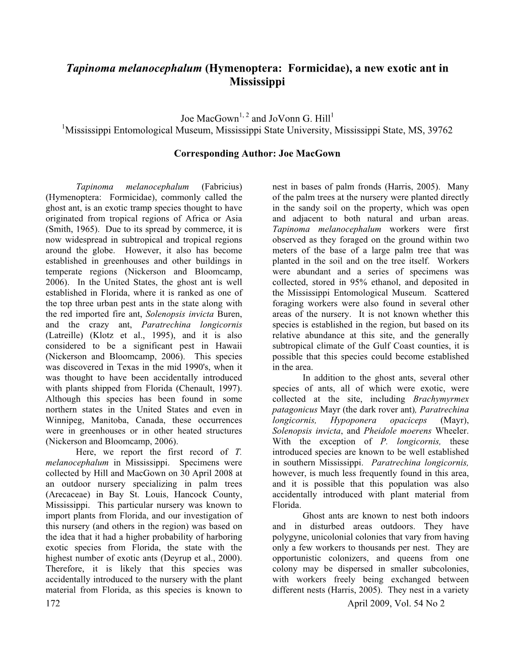 Tapinoma Melanocephalum (Hymenoptera: Formicidae), a New Exotic Ant in Mississippi