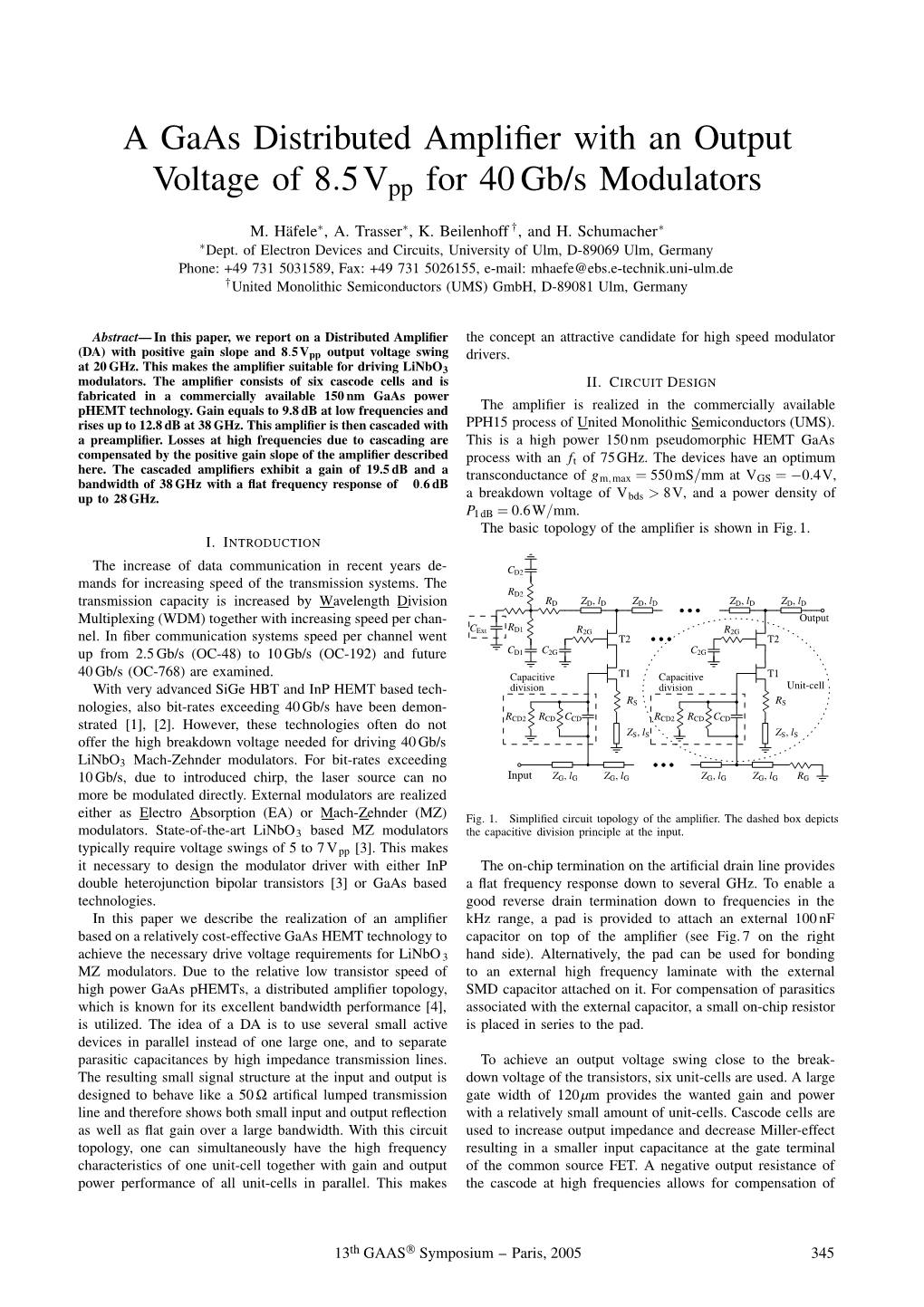 A Gaas Distributed Amplifier with an Output Voltage of 8.5Vpp for 40 Gb