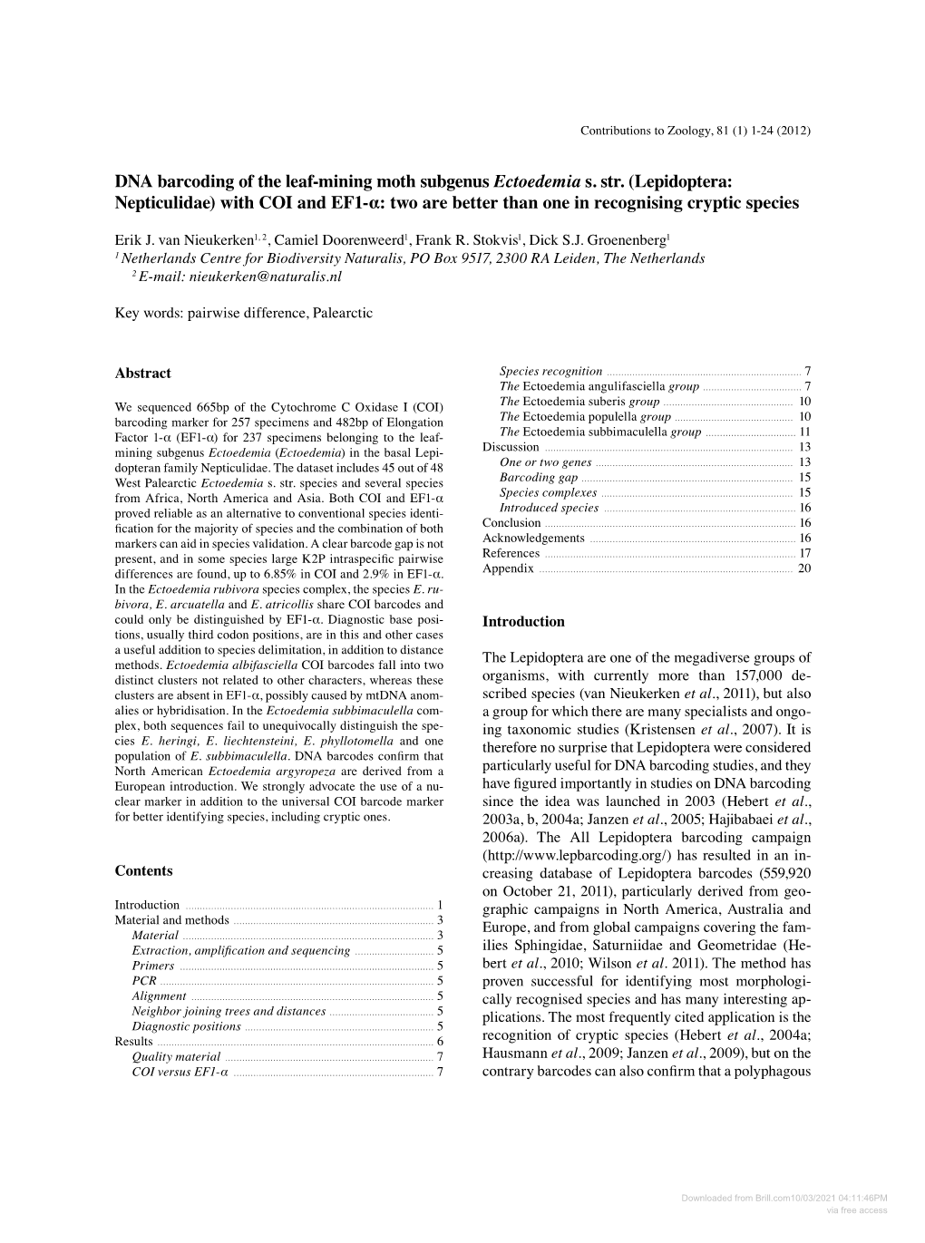 Lepidoptera: Nepticulidae) with COI and EF1-Α: Two Are Better Than One in Recognising Cryptic Species