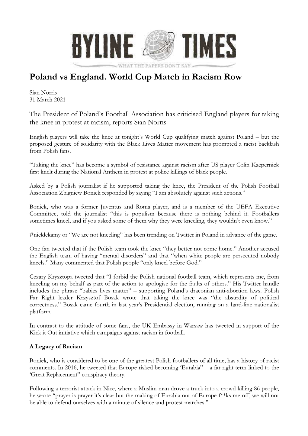 Poland Vs England. World Cup Match in Racism Row