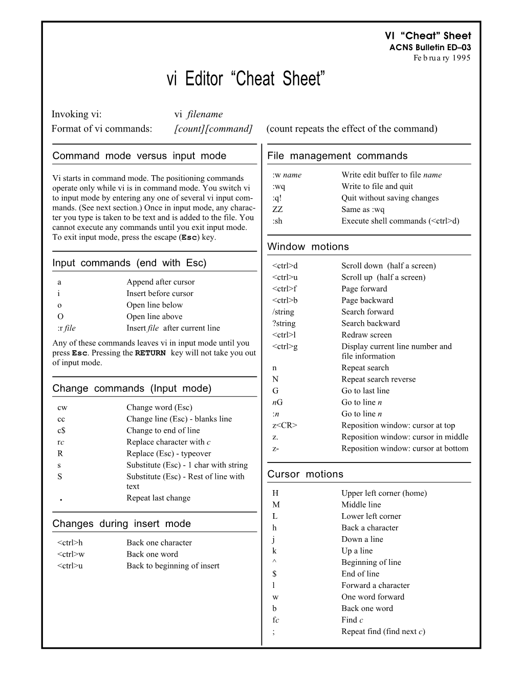 Vi Editor “Cheat Sheet”