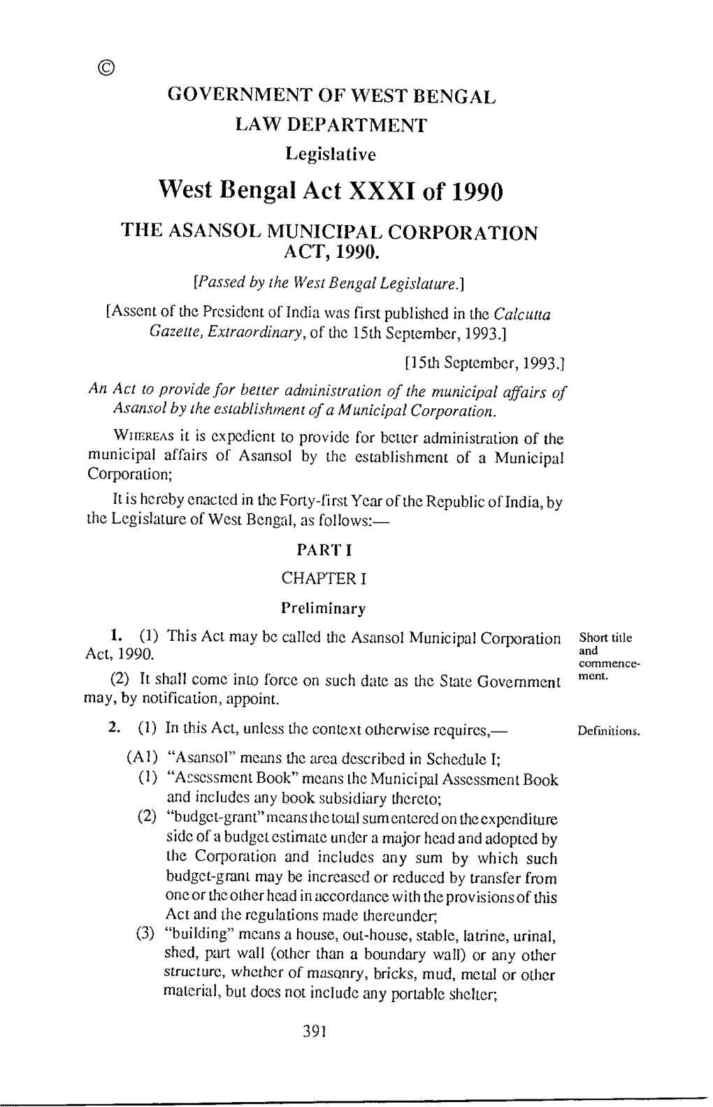 The Asansol Municipal Corporation Act, 1990 (West Bengal Act XXXI Of