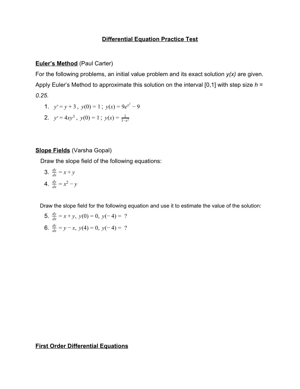 Differential Equation Practice Test Euler's Method​​(Paul Carter)