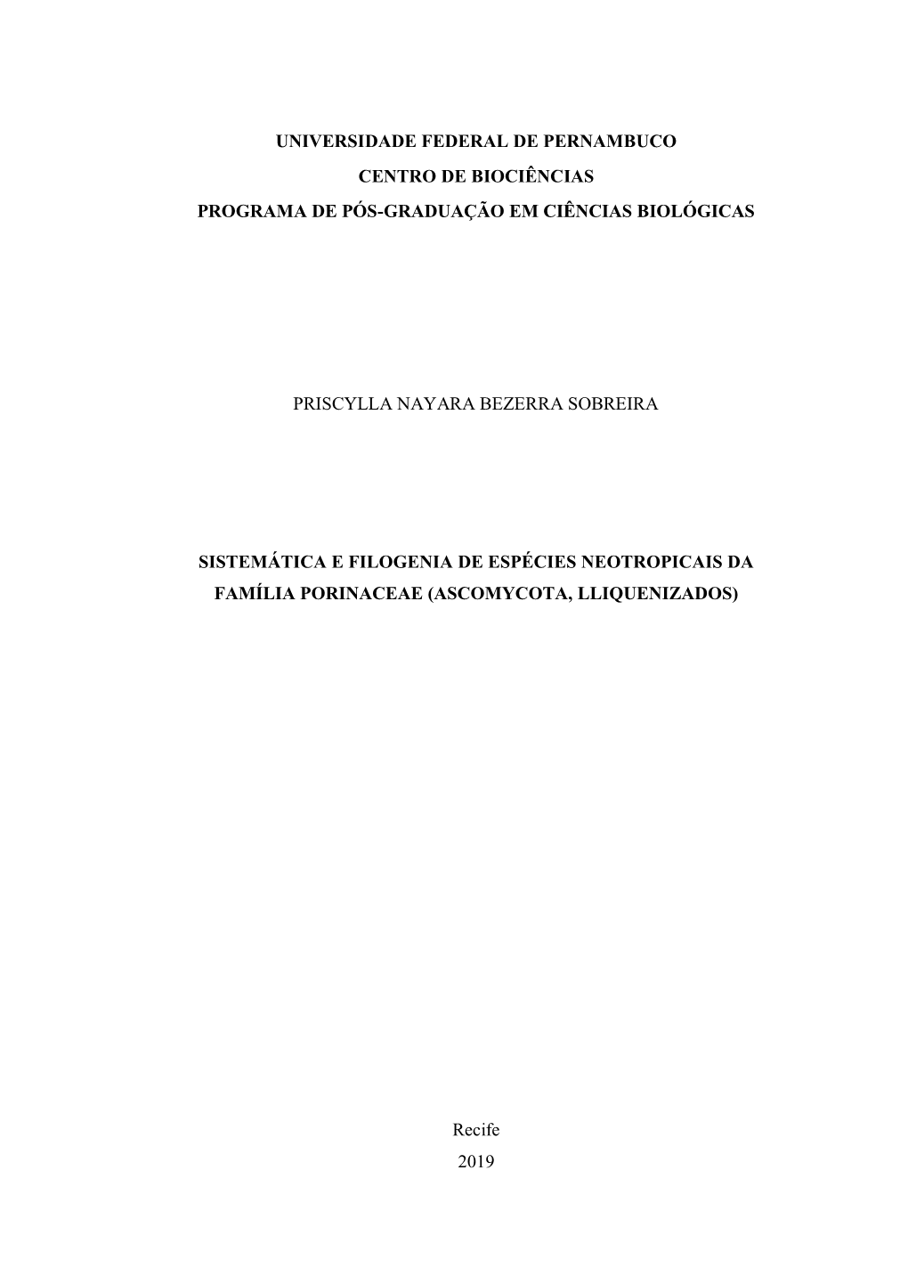 Universidade Federal De Pernambuco Centro De Biociências Programa De Pós-Graduação Em Ciências Biológicas