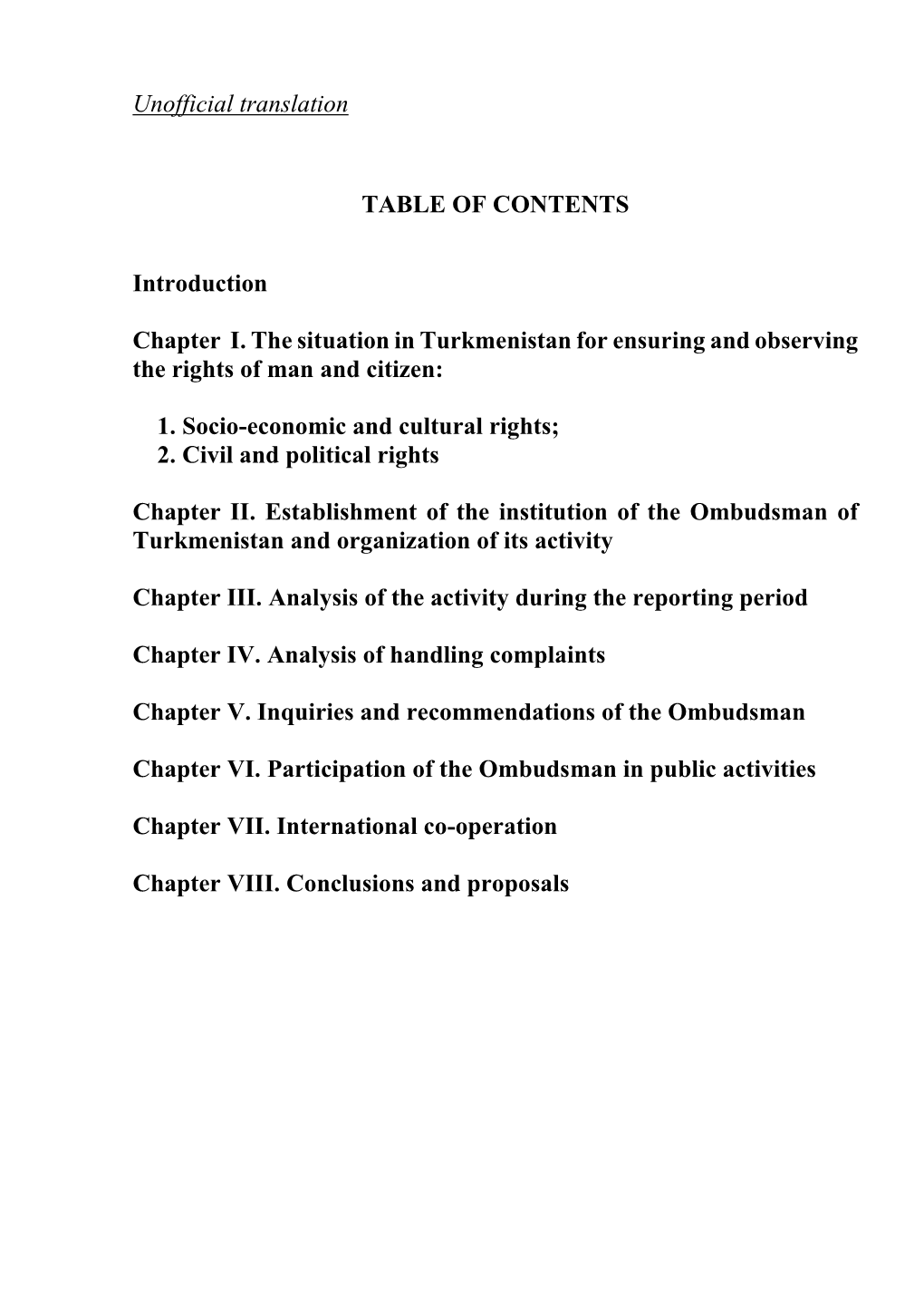 Unofficial Translation TABLE of CONTENTS Introduction Chapter I