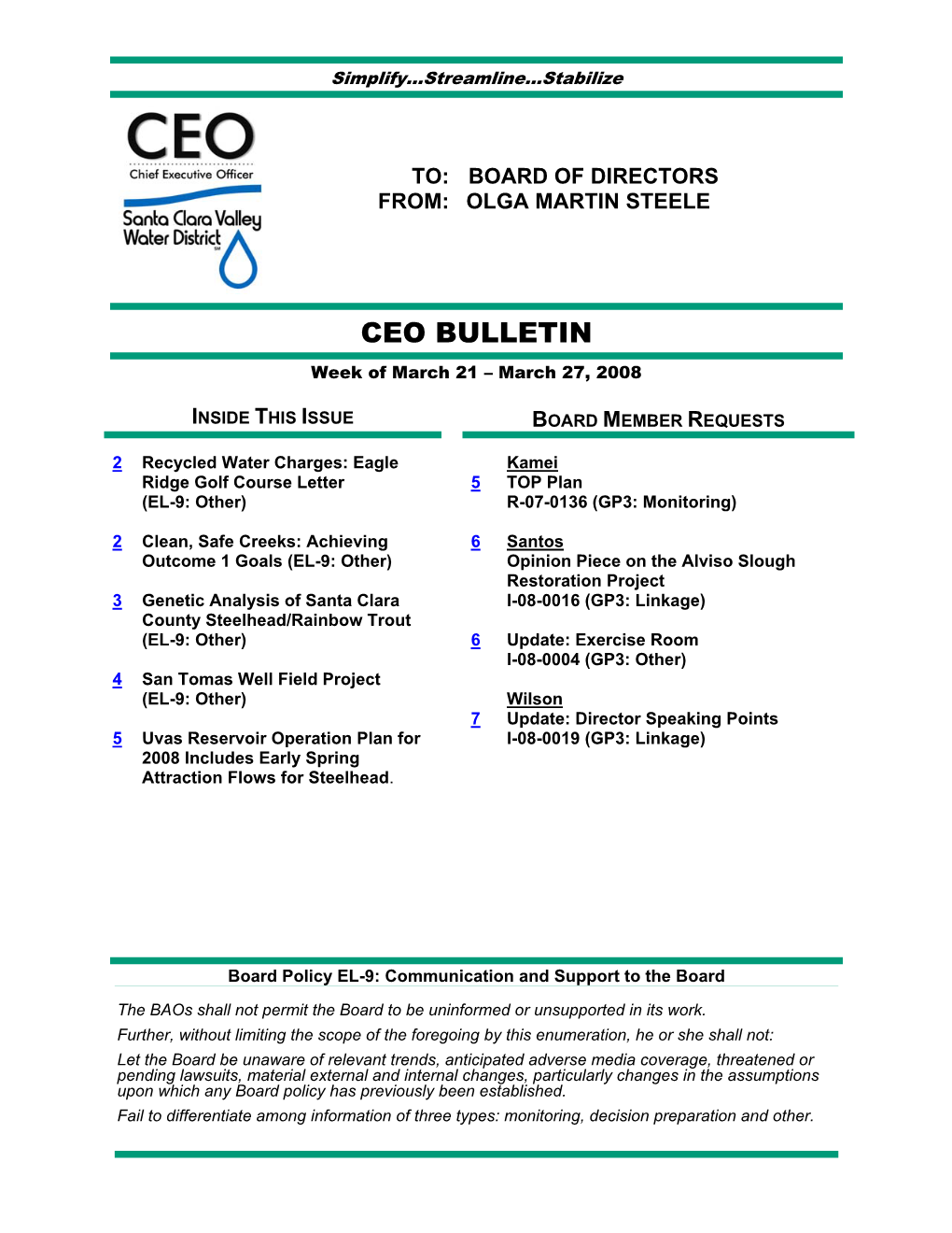 CEO BULLETIN Week of March 21 – March 27, 2008