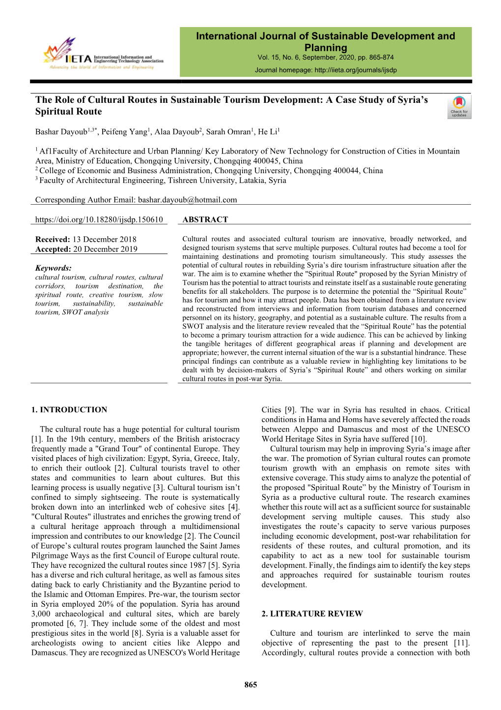 The Role of Cultural Routes in Sustainable Tourism Development: a Case Study of Syria’S Spiritual Route