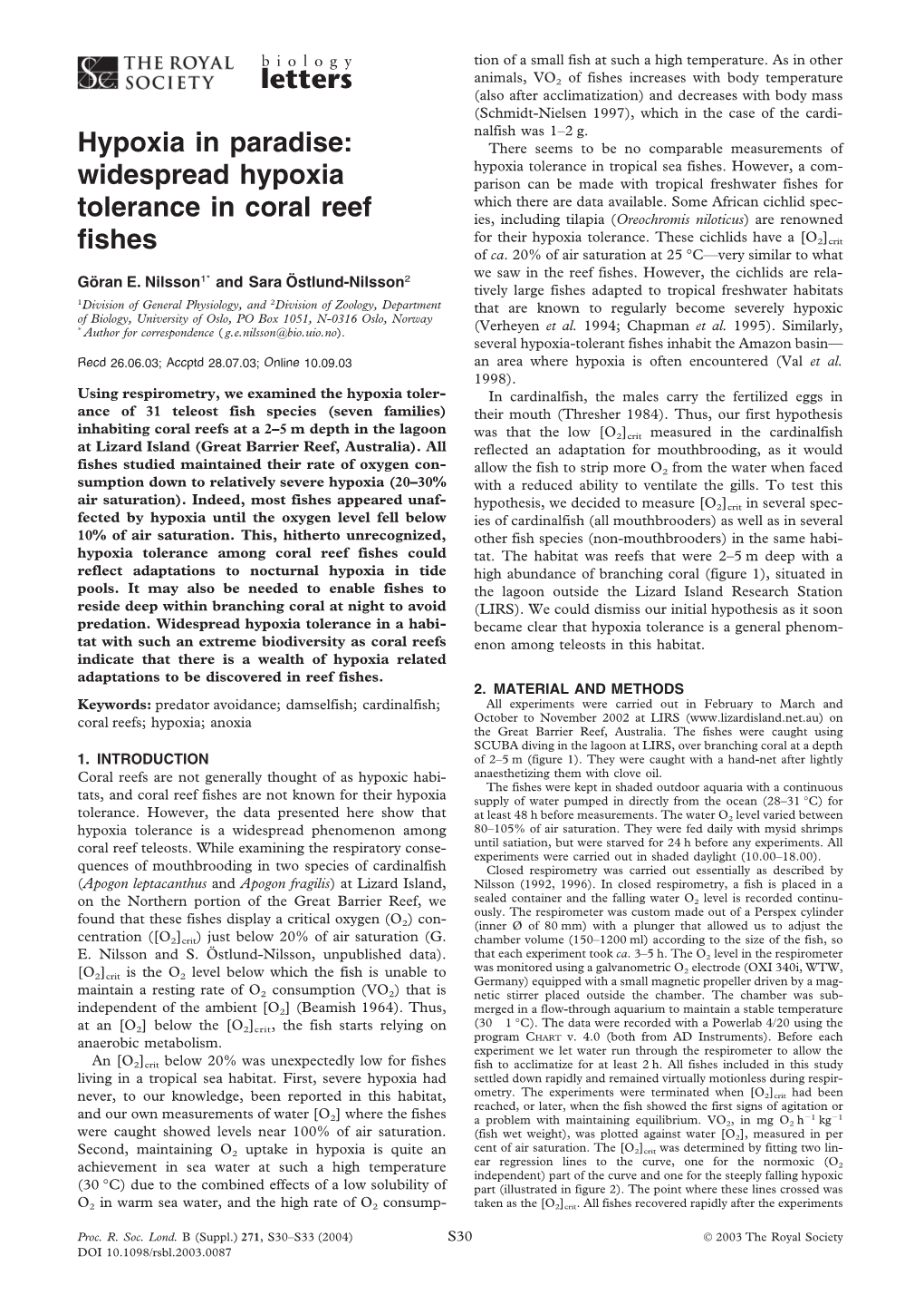 Widespread Hypoxia Tolerance in Coral Reef Fishes