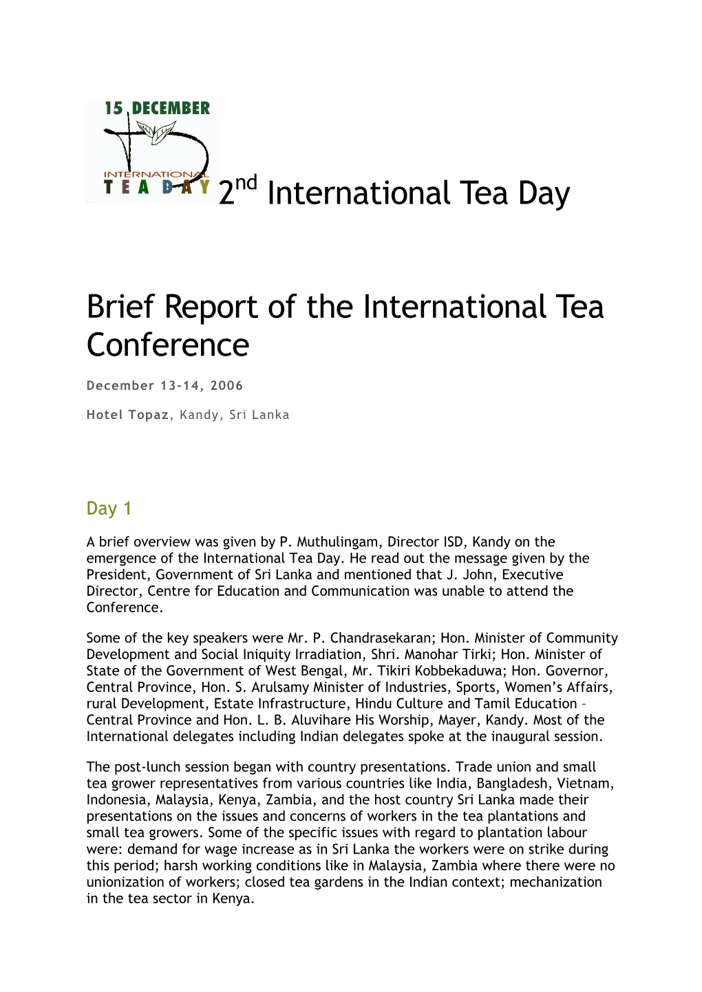 2 International Tea Day Brief Report of the International Tea Conference