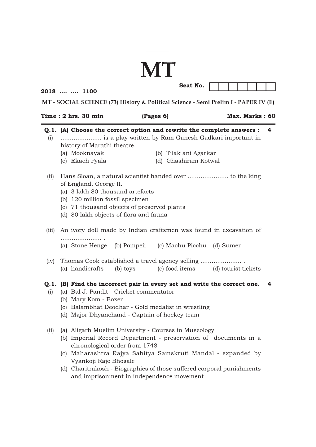 Q.1. (A) Choose the Correct Option and Rewrite the Complete Answers : 4 (I)