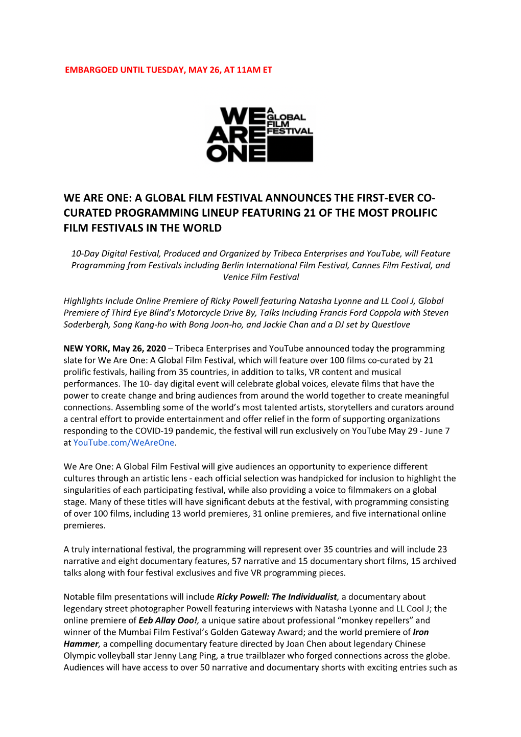 We Are One: a Global Film Festival Announce 27