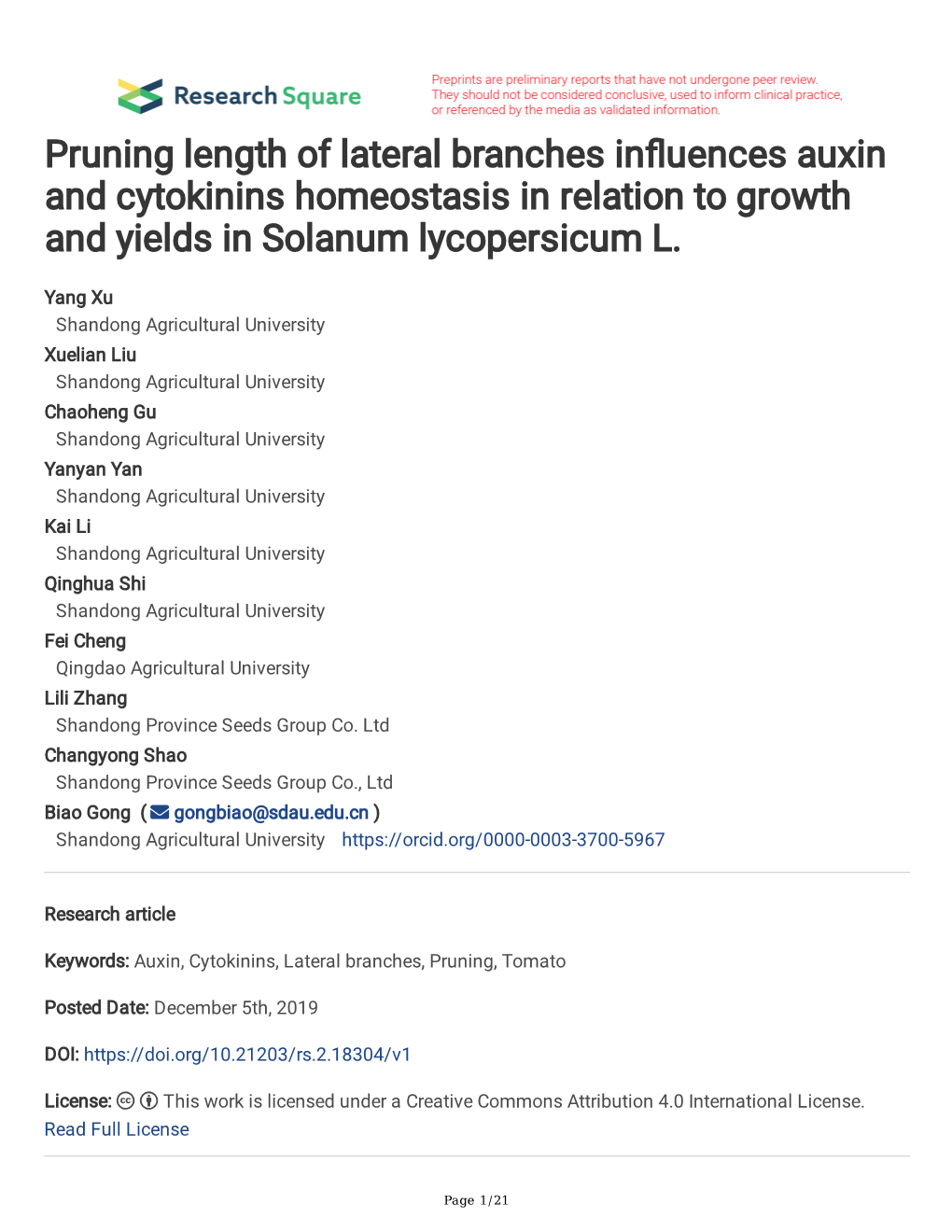 Pruning Length of Lateral Branches Influences Auxin and Cytokinins