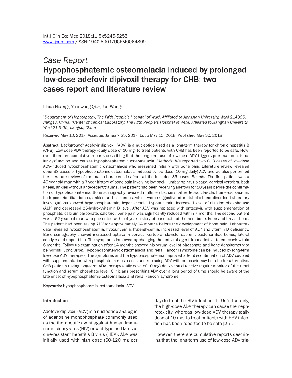 Case Report Hypophosphatemic Osteomalacia Induced by Prolonged Low-Dose Adefovir Dipivoxil Therapy for CHB: Two Cases Report and Literature Review