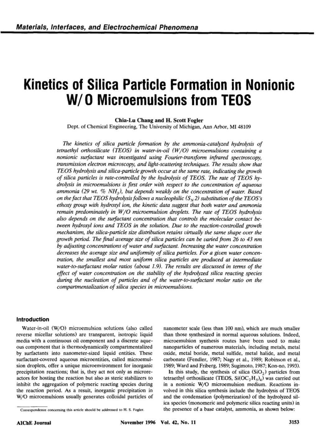 Kinetics of Silica Particle Formation in Nonionic W/ 0 Microemulsions from TEOS